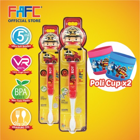FAFC Robocar Roy Toothbrush Figurine Bundle Set 1 (1 Roy Figurine Toothbrush + 1 Roy Figurine Toothbrush + 2 Cup)