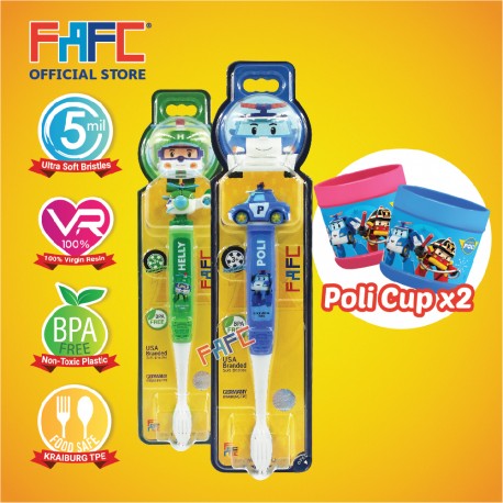 FAFC Robocar Poli Toothbrush Figurine Bundle Set 3 (1 Poli Figurine Toothbrush + 1 Helly Figurine Toothbrush + 2 Cup)