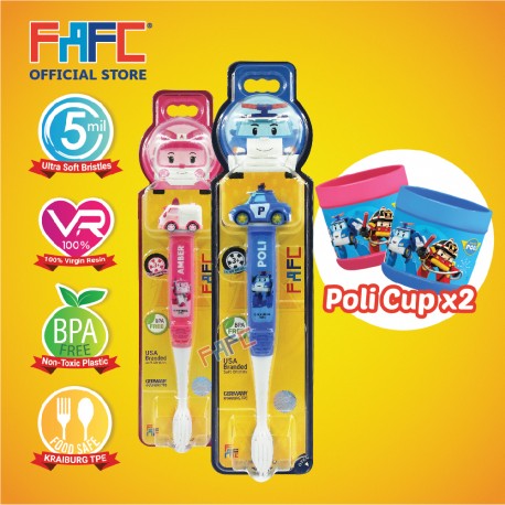 FAFC Robocar Poli Toothbrush Figurine Bundle Set 2 (1 Poli Figurine Toothbrush + 1 Amber Figurine Toothbrush + 2 Cup)