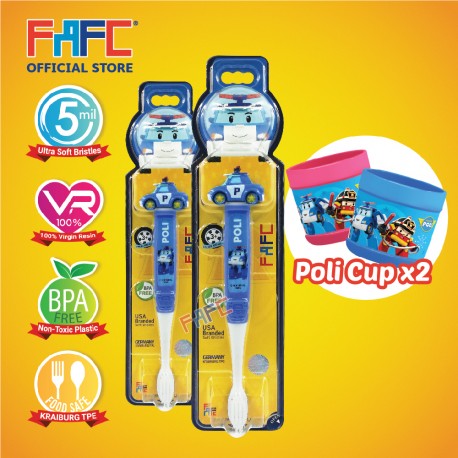 FAFC Robocar Poli Toothbrush Figurine Bundle Set 1 (1 Poli Figurine Toothbrush + 1 Poli Figurine Toothbrush + 2 Cup)