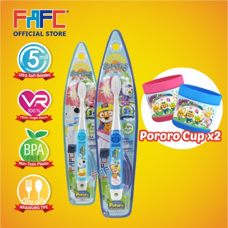 FAFC Pororo Toothbrush Hook Bundle Set 4 (1 Pororo Hook Toothbrush + 1 Poby Hook Toothbrush + 2 Cup)