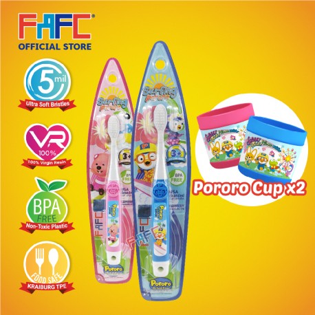 FAFC Pororo Toothbrush Hook Bundle Set 3 (1 Pororo Hook Toothbrush + 1 Loopy Hook Toothbrush + 2 Cup)