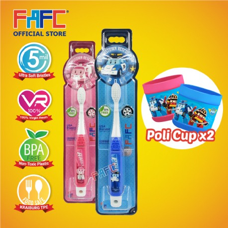 FAFC Robocar Poli Toothbrush Hook Bundle Set 2 (1 Poli Hook Toothbrush + 1 Amber Hook Toothbrush + 2 Cup)