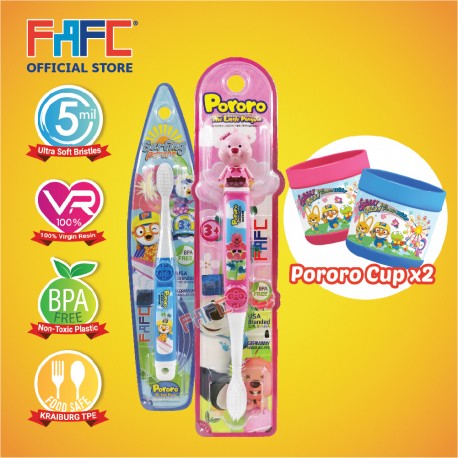 FAFC Loppy Toothbrush Bundle Set 2 (1 Loopy Figurine Toothbrush + 1 Pororo Hook Toothbrush + 1 Cup)