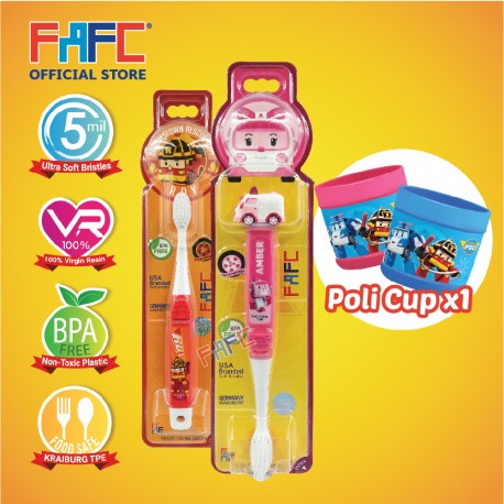 FAFC Robocar Amber Toothbrush Bundle Set 3 (1 Amber Figurine Toothbrush + 1 Roy Hook Toothbrush + 1 Cup)
