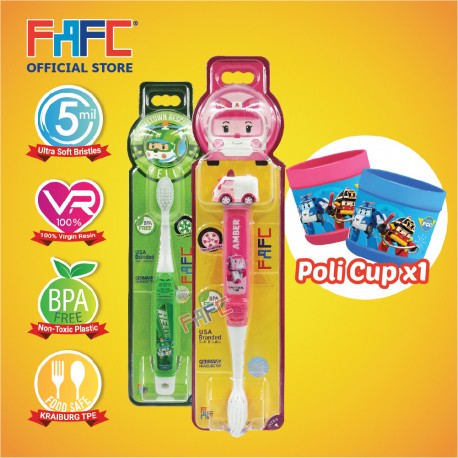 FAFC Robocar Amber Toothbrush Bundle Set 3 (1 Amber Figurine Toothbrush + 1 Helly Hook Toothbrush + 1 Cup)