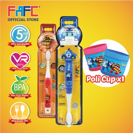 FAFC Robocar Poli Toothbrush Bundle Set 4 (1 Poli Figurine Toothbrush + 1 Roy Hook Toothbrush + 1 Cup)