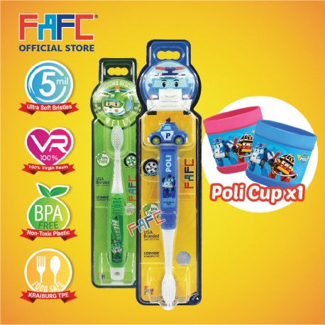 FAFC Robocar Poli Toothbrush Bundle Set 3 (1 Poli Figurine Toothbrush + 1 Helly Hook Toothbrush + 1 Cup)