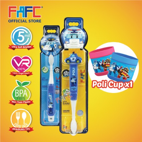 FAFC Robocar Poli Toothbrush Bundle Set 1 (1 Poli Figurine Toothbrush + 1 Poli Hook Toothbrush + 1 Cup)