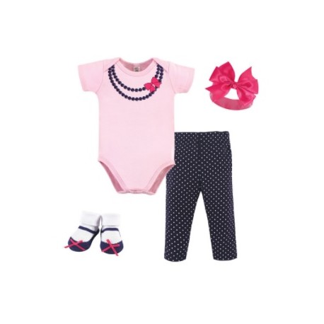 Little Treasure 4 Pieces Baby Clothing Gift Set - Pink with Black Pearls Necklace 77005